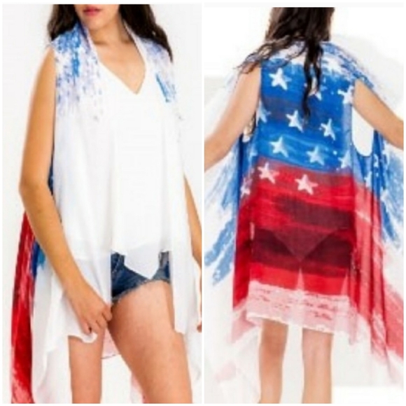 NEW USA American Flag Stars Long Kimono Vest Cover Up - Picture 5 of 12
